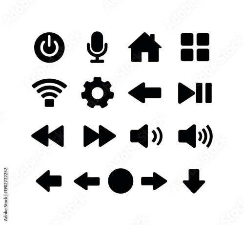Smart TV Remote. Solid icon set of Smart TV Remote: power button, microphone voice control, home button, app grid, streaming icon, settings