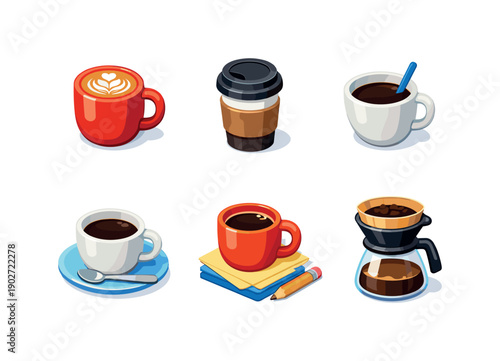 Isometric Coffee Icon Set. Workspace Coffee. Isometric flat vector icons set of Workspace Coffee: full mug with foam art, takeaway cup with cardboard sleeve,