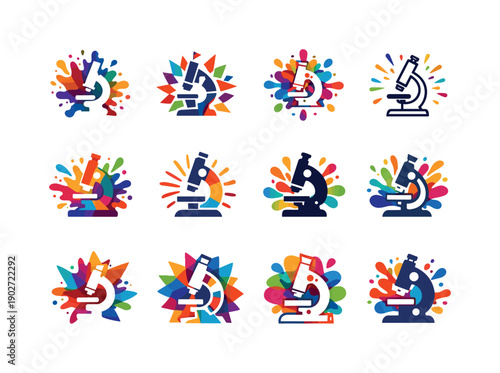 DIY Science Icons. DIY science art experiments. Icon set. Set Logo of DIY science art experiments: microscope with color burst. harmonious logo variations of