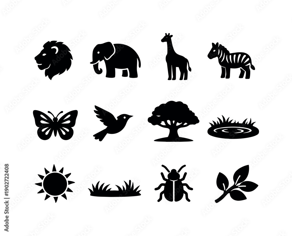 Naklejka premium Summer Wildlife. Solid icon set of Summer Wildlife: lion, elephant, giraffe, zebra, butterfly, bird flying, tree shade, water hole, sun heat,