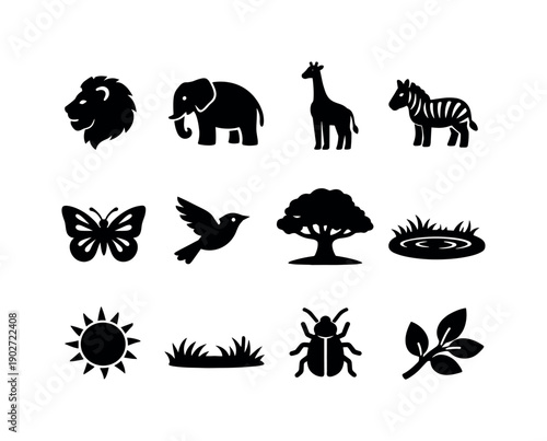 Summer Wildlife. Solid icon set of Summer Wildlife: lion, elephant, giraffe, zebra, butterfly, bird flying, tree shade, water hole, sun heat,