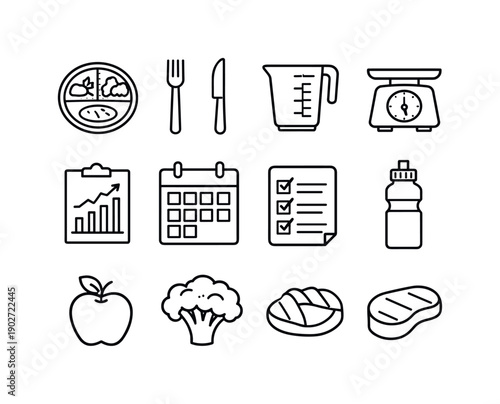 Nutrition and Diet Planning. Line icon set of Nutrition and Diet Planning: balanced plate, fork, knife, measuring cup, food scale, nutrition