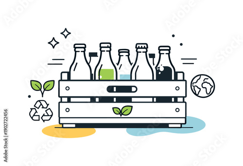 Glass drink bottles. Glass bottles placed in a reusable crate, symbolizing sustainability and conscious consumption. Friendly minimal scene