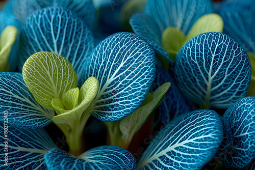Close-up of intricately veined leaves displaying vibrant blue and green hues, showcasing nature's artistic patterns. ideal for use in interior design, botanical prints, and decor projects that emphasi