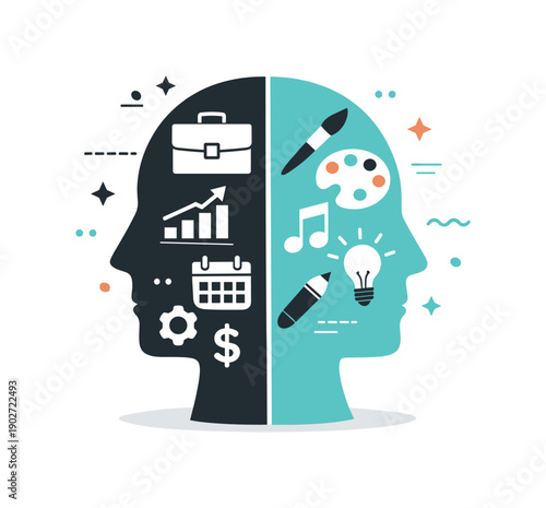 Professional identity crisis abstract. A head silhouette split into two color tones, each filled with different icons like briefcase vs.