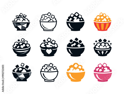 popcorn with sugar. Icon set. Set Logo of popcorn with sugar: sweet popcorn bowl. harmonious logo variations of the same emblematic concept,