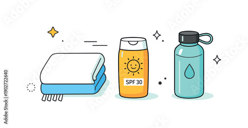 Pool accessories minimal. Flat lay composition with towel, sunscreen bottle, and water bottle arranged with clear spacing. Sense of order,