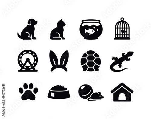 Common household pets. Solid icon set of common household pets: dog sitting, cat sitting, fish bowl, bird cage, hamster wheel, rabbit ears,