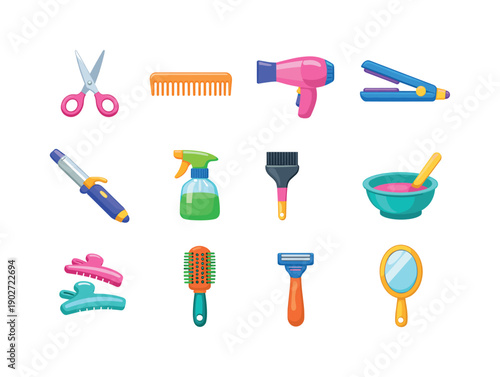 Salon Tools. Colorful flat vector icons set of Salon Tools: scissors, comb, hair dryer, flat iron, curling iron, spray bottle, tint brush,