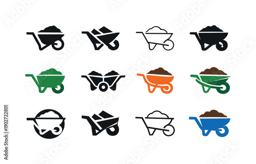 Wheelbarrow. Icon set. Set Logo of Wheelbarrow: wheelbarrow with soil. harmonious logo variations of the same emblematic concept, each with
