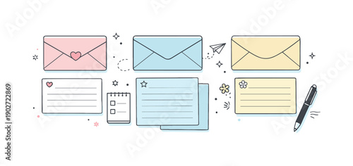 Envelope pastel colors. Pastel envelopes paired with matching stationery and a pen, arranged neatly on a clean surface to suggest slow