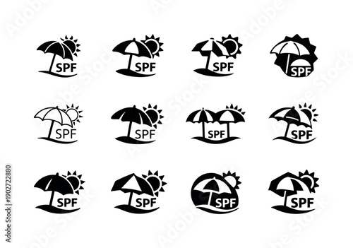 Applying sunscreen for daily protection. Icon set. Set Logo of Applying sunscreen for daily protection: sun umbrella with SPF symbol.