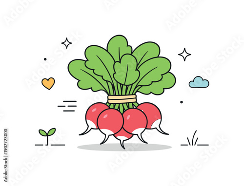 Radish bunch. A minimal harvest scene featuring a radish bunch as the central focus, surrounded by generous white space. The mood is fresh,