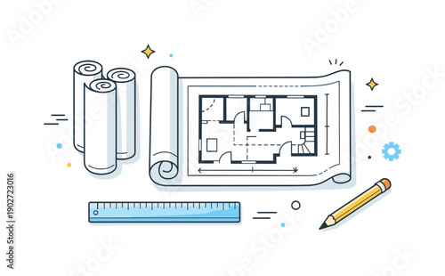 Architectural blueprints overview. Rolled and open blueprints neatly arranged with simple tools like a ruler and pencil. The composition