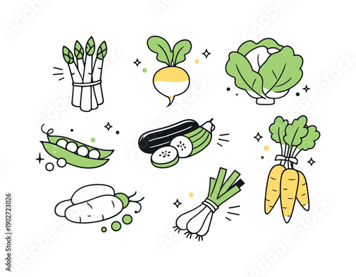 Spring vegetables set in modern botanical style. Clean silhouettes and smooth curves highlight freshness and simplicity without extra detail.