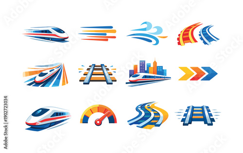 High-speed rail motion. Colorful flat vector icons set of high-speed rail motion: speeding train, motion blur lines, wind trails, fast