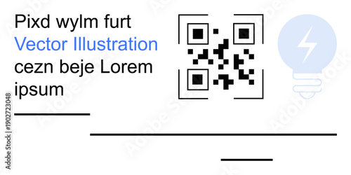 Innovation, technology, information sharing, mobile scanning, modern branding, creativity. A QR code and placeholder text next to a light bulb symbol. Innovation and technology concept