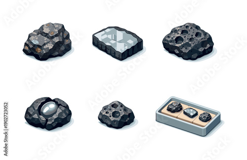 Asteroid Icon Grid. Asteroid Fragment. Isometric flat vector icons set of Asteroid Fragment: raw meteorite sample, iron-nickel meteorite cut, pitted rock face,