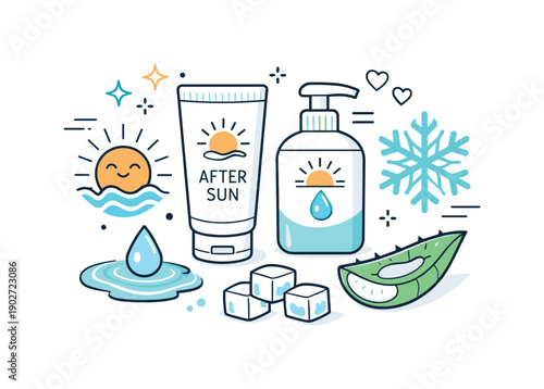 After sun lotion. Abstract editorial composition with after sun lotion icons and cooling symbols. Concept of recovery, hydration, and gentle