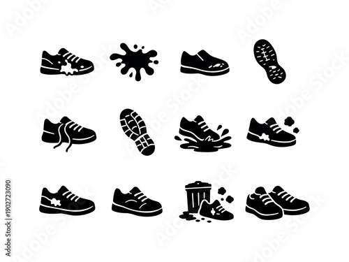Dirty Sneakers. Solid icon set of Dirty Sneakers: dirty sneaker, mud splatter, scuffed toe, worn sole, loose laces, footprint, puddle splash,