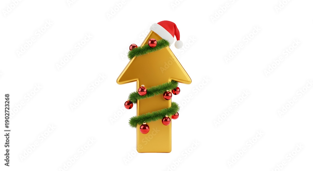 Naklejka premium A glossy golden up arrow, adorned with a festive Santa hat and Christmas garland, isolated.
