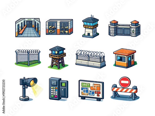 Correctional facility. Colorful isometric vector icons set of correctional facility: prison corridor, cell block hallway, control tower,