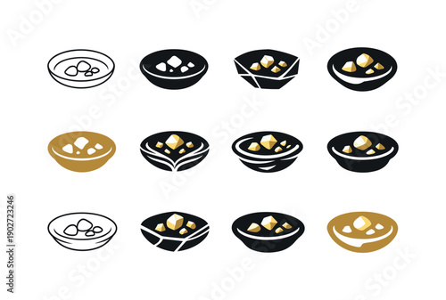 Gold seeker. Icon set. Set Logo of Gold seeker: gold pan with nuggets. harmonious logo variations of the same emblematic concept, each with