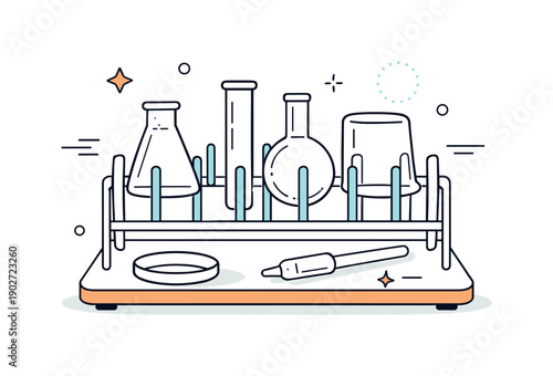 Laboratory glassware. Neatly organized glass containers drying on a rack, suggesting cleanliness and preparation. Calm order emphasized by