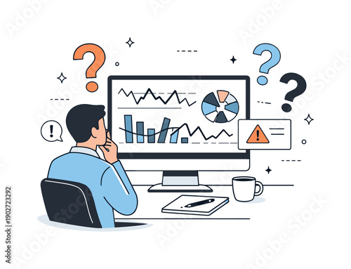Analytics gone wrong. A professional looking at a screen of distorted graphs with question marks floating nearby, suggesting confusion and