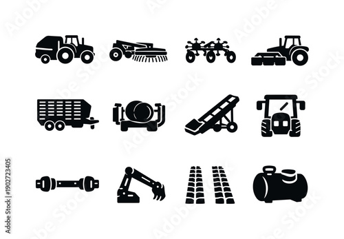 Haying tractor. Solid icon set of haymaking equipment: tractor with baler, rotary rake, tedding machine, mower conditioner, forage wagon,