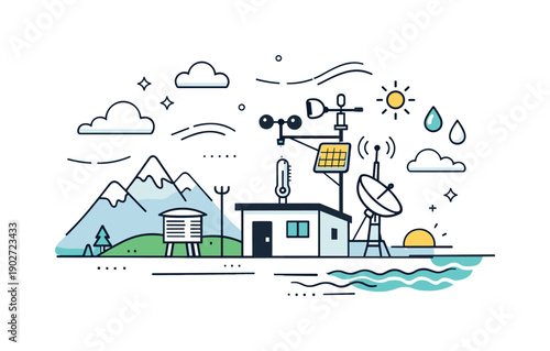 Weather monitoring stations. Station placed near mountains or coastline, quietly collecting environmental data. Peaceful atmosphere, nature