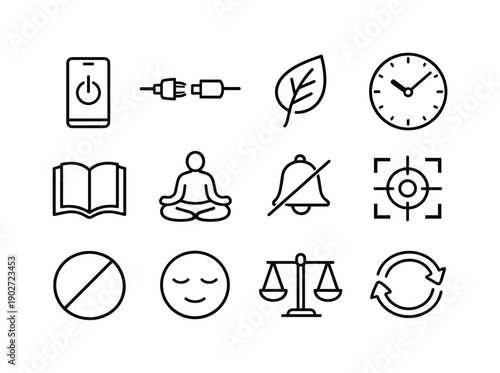 Digital Detox. Line icon set of Digital Detox: phone power off, unplug cable, nature leaf, analog clock, book reading, meditation pose,