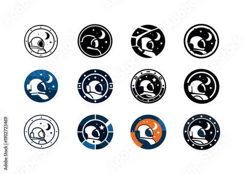 Astronaut Porthole Logos. Astronaut window. Icon set. Set Logo of Astronaut window: circular spaceship porthole. harmonious logo variations of the same