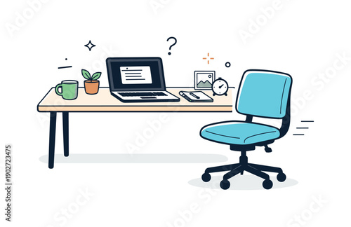 Paused Workspace Scene. Chair slightly pulled back moment. A workspace with a laptop open and a chair gently moved back, as if the person just stood up. The