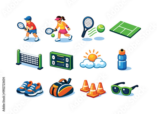 Colorful Tennis Icons. Outdoor Tennis. Colorful isometric vector icons set of Outdoor Tennis: tennis players, tennis racket, bouncing ball, tennis court lines,