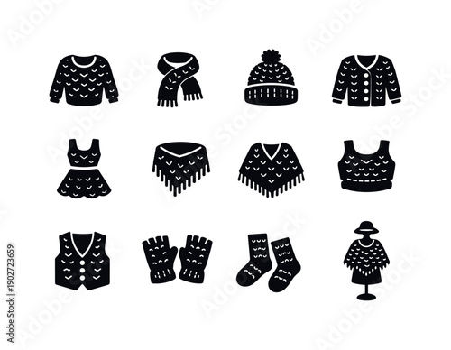 Handmade crochet clothing. Solid icon set of handmade crochet clothing: handmade sweater, handmade scarf, handmade hat, handmade cardigan,