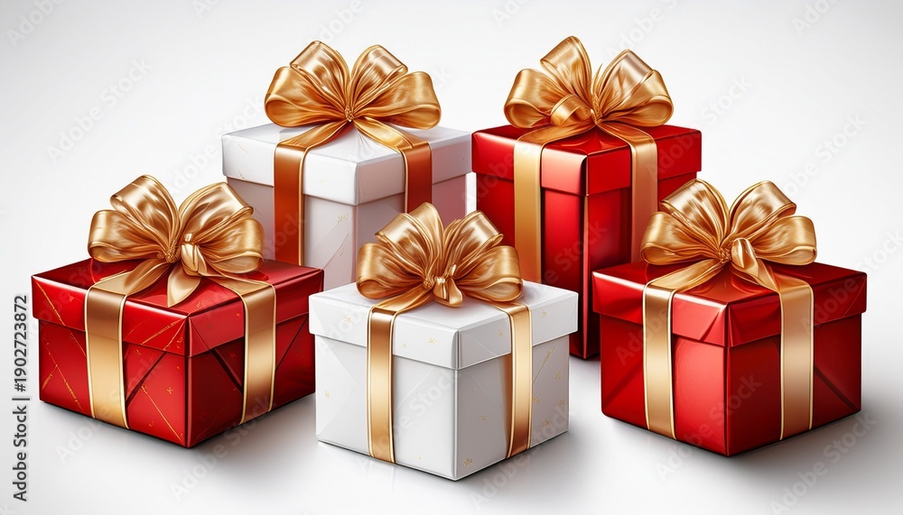 Obraz premium Four Festive Gift Boxes With Gold Ribbons And Bows Red And White Isolated On White Background Illustration