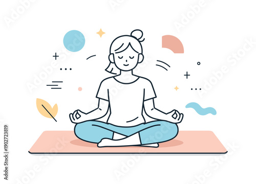 Yoga mat pastel home workout. A relaxed character sitting cross-legged on a pastel yoga mat, focused breathing and calm posture. Abstract