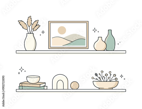 Shelf styling minimal. Light decorative objects like ceramics, framed print and dried florals arranged with symmetry and space. Calm and