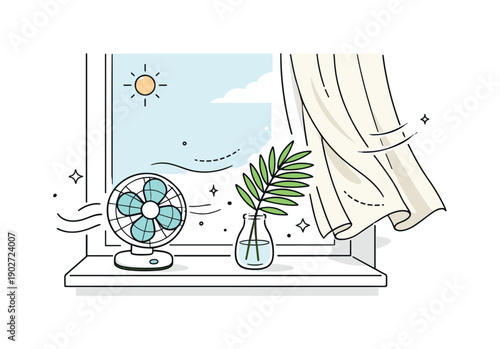 Summer Window Breeze. Window corner in summer. A windowsill with a small fan, palm leaf in a clear glass vase, and light linen curtains gently moving, dots and