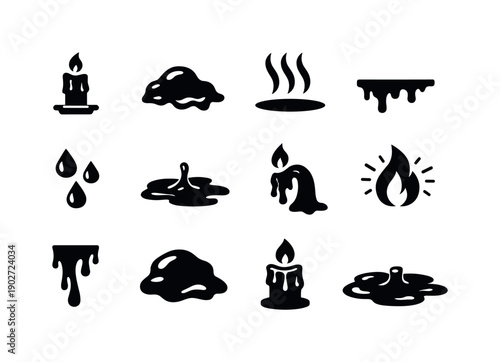 Melting Wax. Solid icon set of Melting Wax: dripping candle, softened wax, heat waves, melting edge, wax drops, liquid wax, bending candle,