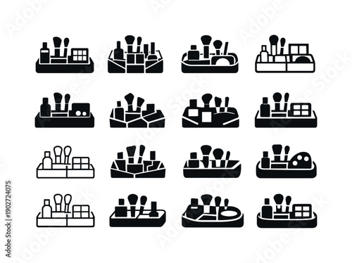 Modular Makeup Icons. Makeup organizer tray. Icon set. Set Logo of makeup organizer tray: modular storage tray. harmonious logo variations of the