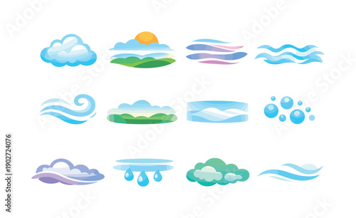 Mist. Colorful flat vector icons set of Mist: soft fog cloud, morning mist layer, drifting haze, ground fog waves, light vapor swirl, misty