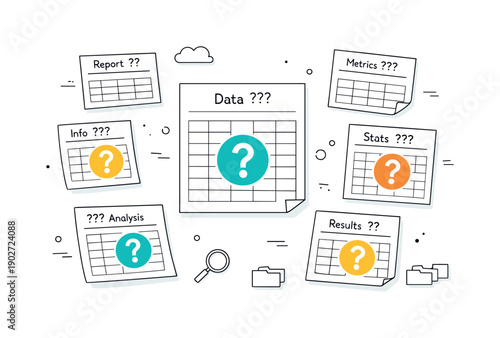 Spreadsheets without context. A thoughtful editorial scene showing multiple floating spreadsheets with question mark icons and unclear