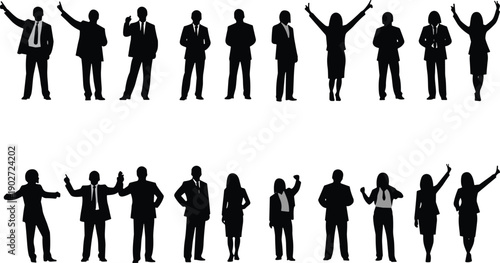 Business people silhouettes celebrating success with raised hands isolated on white background corporate teamwork achievement vector illustration collection set