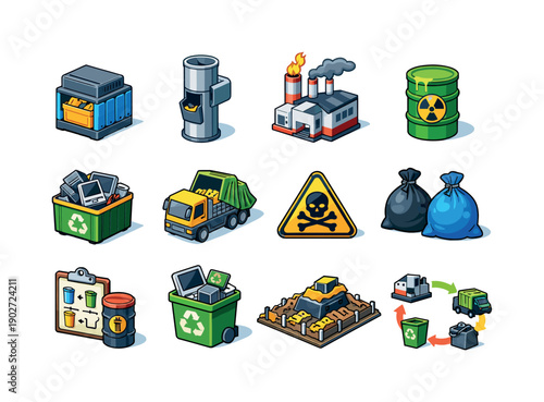 Waste disposal. Colorful isometric vector icons set of Waste disposal: trash compactor, waste chute, incineration plant, toxic waste bin,