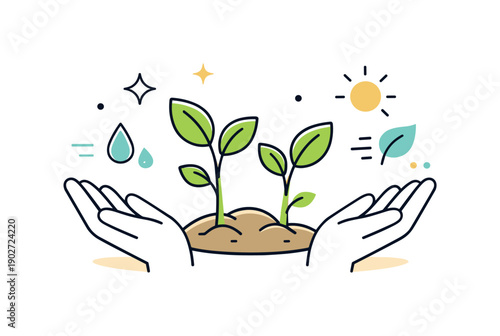 Sustainable Plant Sprouts. Young plant sprouts symbolizing sustainability. Fresh sprouts grow calmly, surrounded by subtle abstract elements that suggest care