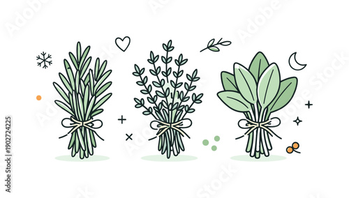 Cozy Herbal Display. Dried herbs winter. A calm arrangement of bundled dried herbs like rosemary, thyme, and sage tied with string on a clean surface. Cozy