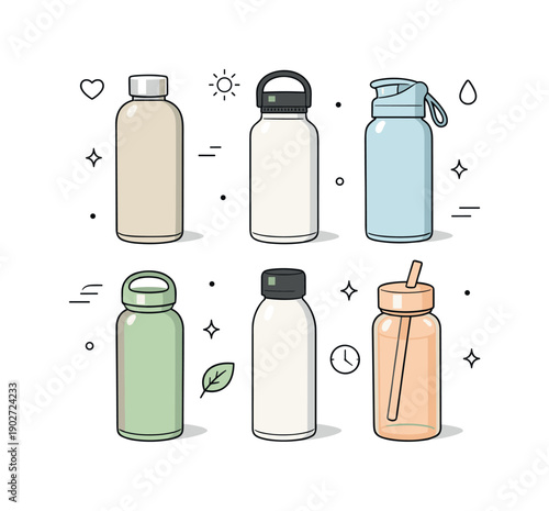 Minimalist Water Bottle Layout. Stylish water bottles flat lay. Simple reusable water containers in soft neutral tones placed in a grid layout, emphasizing