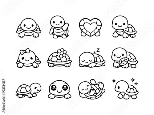 Cute Turtle Icons. Cute Turtle Icons. Line icon set of Cute Turtle Icons: smiling turtle, waving turtle, heart shell, cartoon turtle, baby turtle with bow,